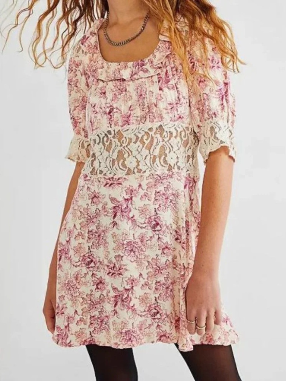 Free People Lucie Mini Pink Floral Open Back Sheer Lace Mini Dress Women's Sz 10